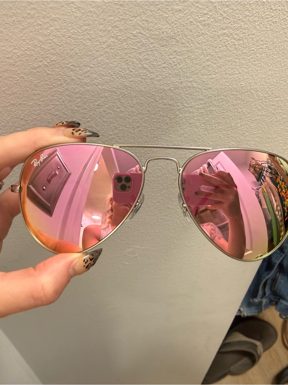 Ray-Ban Women's Silver Frame Sunglasses with Pink Mirrored Lenses